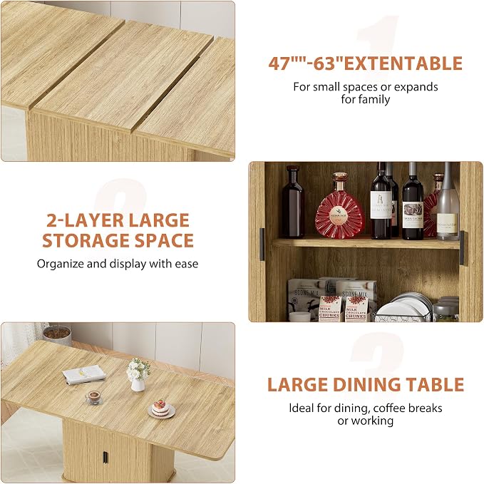 Extendable Dining Table for 4–6, 47″–63″ Rectangular Kitchen Table with Storage, Mid Century Modern Expandable Dinner Table for Dining Room,Kitchen