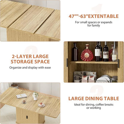 Extendable Dining Table for 4–6, 47″–63″ Rectangular Kitchen Table with Storage, Mid Century Modern Expandable Dinner Table for Dining Room,Kitchen
