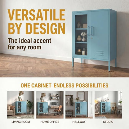 Metal Cabinet Metal Bathroom Storage Cabinet Metal Storage Cabinets with Glass Door and Adjustable Shelves Cabinet Storage for Coffee Bar for Homes, Living Rooms and Offices Blue 33''H