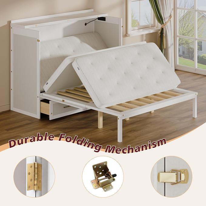 Bellemave Queen Size Murphy Bed with Charging Station and Storage, Farmhouse Murphy bedframe with Foldable Panel, Noisy Free, for Guest Bedroom, Living Room, White