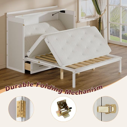 Bellemave Queen Size Murphy Bed with Charging Station and Storage, Farmhouse Murphy bedframe with Foldable Panel, Noisy Free, for Guest Bedroom, Living Room, White