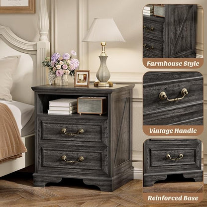 Unikito Farmhouse Nightstands Set of 2, Night Stands with Charging Station, Bedside Table with 2 Large Drawers & Vintage Handles, Side Table with Open Storage for Bedroom (Gray Oak)