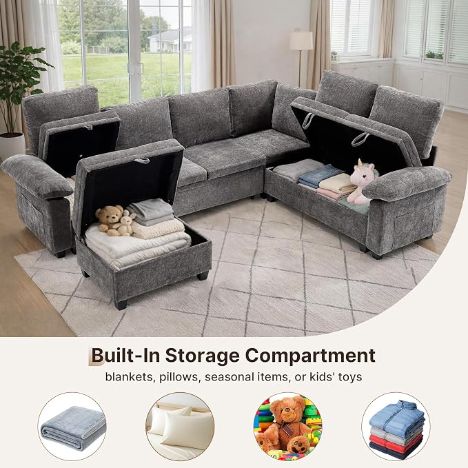 108" Modular Sectional Sofa Bed with Storage, L Shaped Pull Out Couch, Removable Chenille Sofa Cover for Living Room (Grey, 7 Seat)