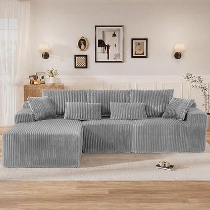 110" L Shaped Cloud Boneless Sectional Couches for Living Room, Modern Comfy Modular Deep Seat Memory Foam Compressed Corduroy Sofa Oversized Left Facing Chaise, No Assembly Required, Grey