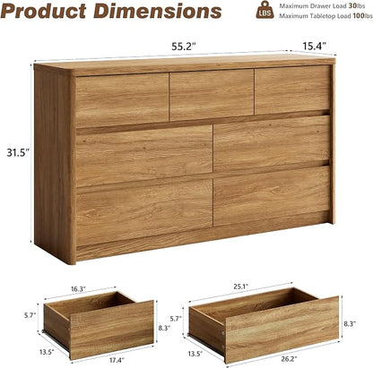 3 Pieces Bedroom Set, 55 Inch Width 7-Drawer Dresser & 2-Drawer Nightstands Set of 2,Nightstand with USB&Type C Charging Station&Outlets,Modern Design for Bedroom, Natural Oak