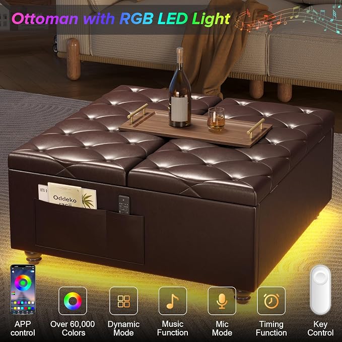 Dnxao Leather Ottoman with Storage,Lift Top Tufted Upholstered Ottoman Coffee Table with LED Lights and Charging Station, Ottomans for Living Room with 2 Side Pockets,Tray Included,PU Brown