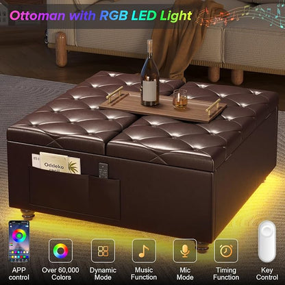 Dnxao Leather Ottoman with Storage,Lift Top Tufted Upholstered Ottoman Coffee Table with LED Lights and Charging Station, Ottomans for Living Room with 2 Side Pockets,Tray Included,PU Brown