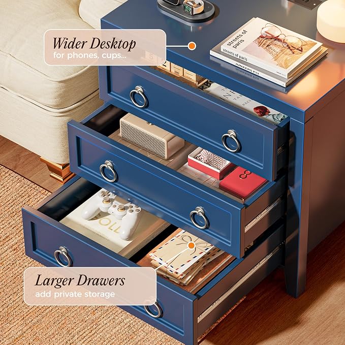 Huuger 23.6 Inch Night Stand with Charger Station and USB-C Port, 3 Drawer Nightstands Set of 2, Larger Wider Bedside Table, Modern End Table, for Bedroom, Blue Nightstand
