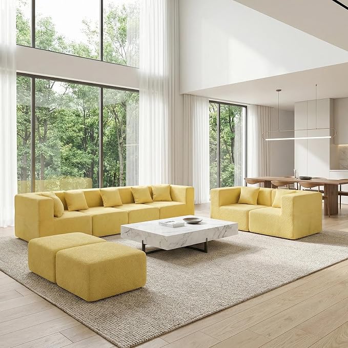 MONVANE Modular Sectional Sofa, Oversized 8 Seat Convertible U Shaped Couch with Ottoman, Comfy Teddy Velvet Cloud Couch with Deep Seat, Sectional Couches for Living Room, No Assembly Required, Yellow