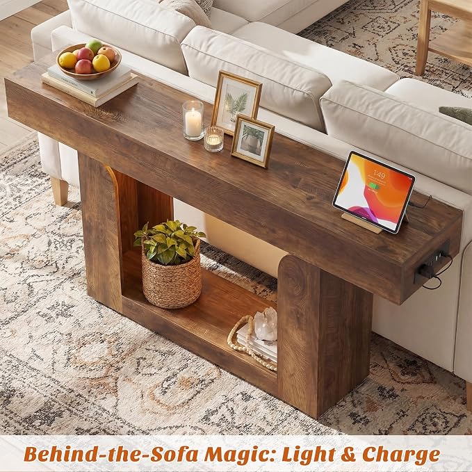 Homieasy Console Table, 63" Entryway Table with LED Lights & Charging Station, Farmhouse Wooden Sofa Table Behind Couch, Narrow Hallway Table for Living Room, Foyer, Entry, Rustic Oak
