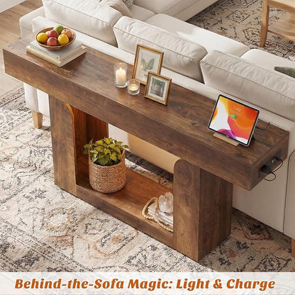 Homieasy Console Table, 63" Entryway Table with LED Lights & Charging Station, Farmhouse Wooden Sofa Table Behind Couch, Narrow Hallway Table for Living Room, Foyer, Entry, Rustic Oak