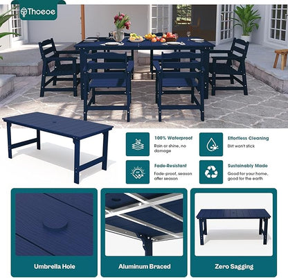 THOEOE 7 Piece Outdoor Dining Set, Patio Dining Table and 6 Chairs, All-Aluminum Frame, All-Weather HDPE Outdoor Furniture with Umbrella Hole for Garden, Lawn, Poolside, Navy Blue