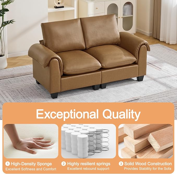 70.5" Faux Leather Modular Sectional Loveseat Sofa, Oversized 2 Seater Upholstered Couch with Curved Armrests, Cloud Modern Deep Seat Love Seat Sofa for Living Room, Light Brown