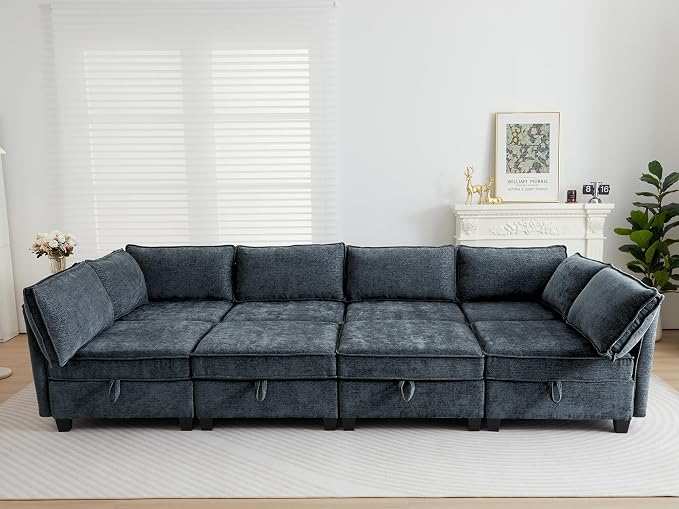 ORRD Oversize Sleeper Modular Sectional Sofa Set, Convertible Couch Bed with Storage, 8 Seater Sofa Modular for Living Room, Office (Blue Grey)