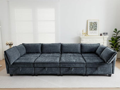 ORRD Oversize Sleeper Modular Sectional Sofa Set, Convertible Couch Bed with Storage, 8 Seater Sofa Modular for Living Room, Office (Blue Grey)