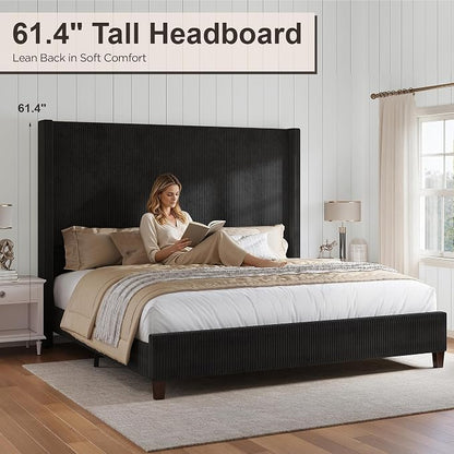 HOWE Queen Bed Frame with 61.4" Extra Tall Headboard, Corduroy Upholstered Bed with Vertical Wingback Headboard, No Box Spring Needed/Noise Free/Solid Wood Slats & Legs/Black