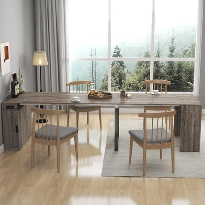Extendable Dining Table with Built-in Power Outlet, 118” Expandable Dining Table for 11, Storage Cabinet Console Table, Modern Dining Room Furniture Gray