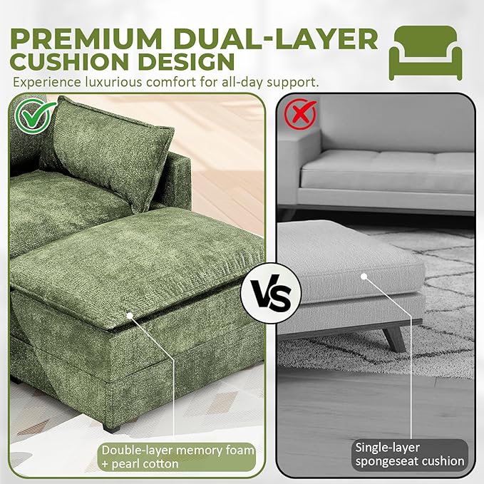 LEVELEVE 112.5" L-Shape Modular Sofa with 1 Ottomans, Deep Seat Cloud Convertible Sleeper, 3 Throw 2 Arm Pillows, Comfortable Upholstered Furniture for Living Room Apartment, Green