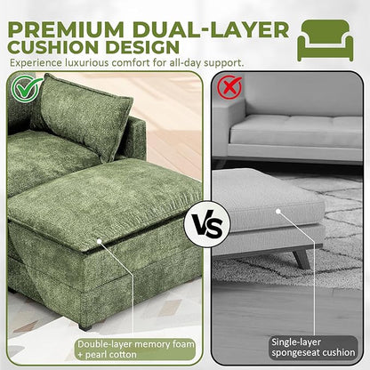 LEVELEVE 112.5" L-Shape Modular Sofa with 1 Ottomans, Deep Seat Cloud Convertible Sleeper, 3 Throw 2 Arm Pillows, Comfortable Upholstered Furniture for Living Room Apartment, Green