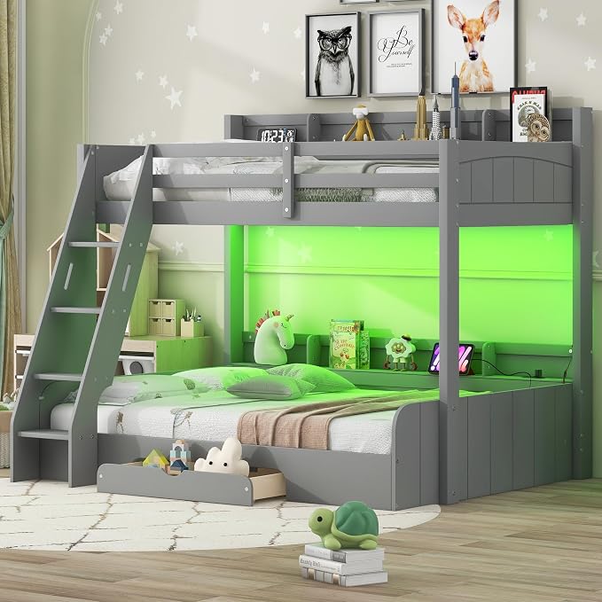 Wood Bunk Bed Twin Over Full Size with Built-in Storage Shelves and Charging Station, Versatile Bunk Bed Frame with Ladder and Guardrail for Kids Teens Adult, Maximize Space (Grey-5.6)