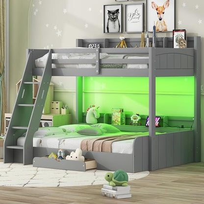 Wood Bunk Bed Twin Over Full Size with Built-in Storage Shelves and Charging Station, Versatile Bunk Bed Frame with Ladder and Guardrail for Kids Teens Adult, Maximize Space (Grey-5.6)