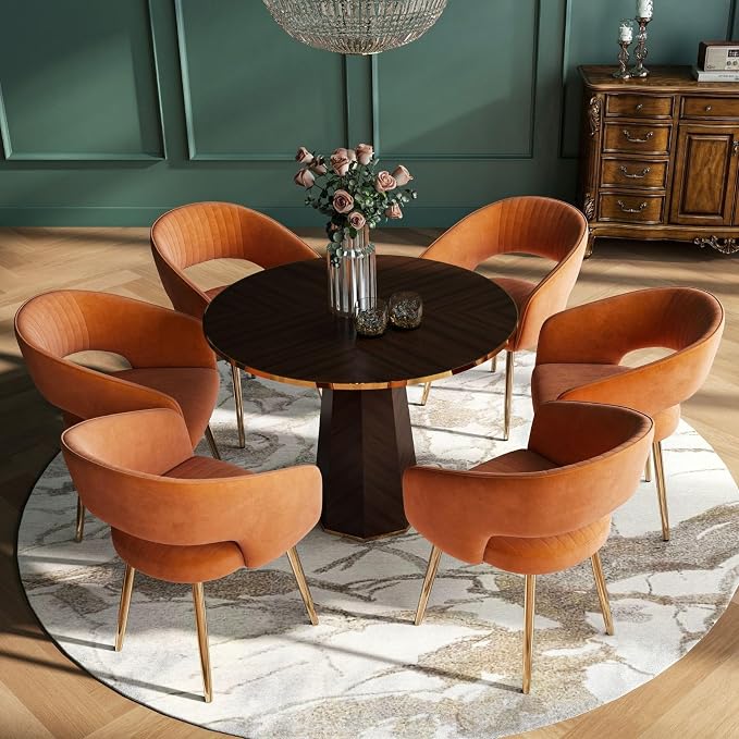 Hyfirm Velvet Dining Chairs Set of 6, Modern Gold Legs Dining Room Chairs with Hollow Back, Upholstered Accent Kitchen Chairs for Living Room/Reception/Restaurant, Orange