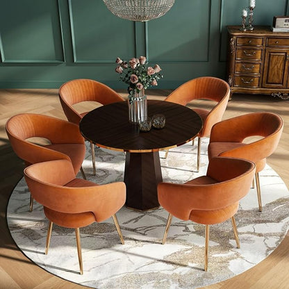 Hyfirm Velvet Dining Chairs Set of 6, Modern Gold Legs Dining Room Chairs with Hollow Back, Upholstered Accent Kitchen Chairs for Living Room/Reception/Restaurant, Orange