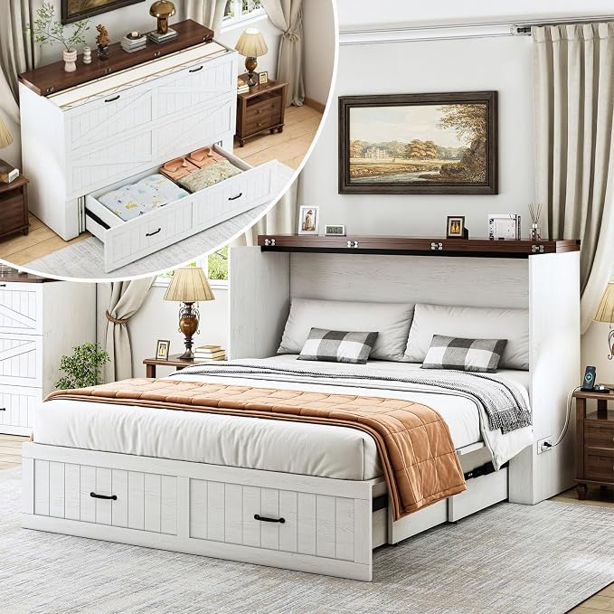Full Murphy Bed with Storage & Charging Station, Farmhouse Murphy Cabinet Bed with Large Drawer, Hideaway Foldable Platform Bed for for Guest Room, Bedroom, Home Office, Mattress Not Included, White