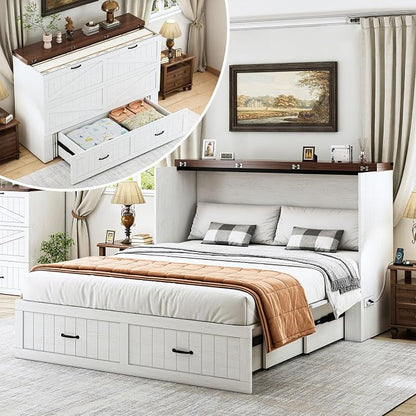 Full Murphy Bed with Storage & Charging Station, Farmhouse Murphy Cabinet Bed with Large Drawer, Hideaway Foldable Platform Bed for for Guest Room, Bedroom, Home Office, Mattress Not Included, White