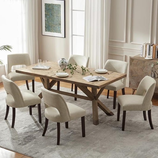 VKNOW Modern Dining Chairs Set of 6 with Rubberwood Legs, Beige | Faux Leather, Curved Back, For family, Kitchen Dining RoomRestaurant Reception Room, No wobble, 80% pre-installed