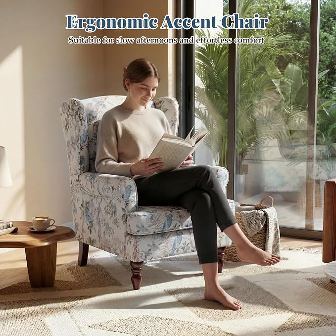 EROMMY Floral Accent Chair, Comfortable High Back Upholstered Armchair with Solid Wood Legs, Leisure Single Sofa Chair for Living Room, Bedroom, Home Office, Light Blue Floral&Bird