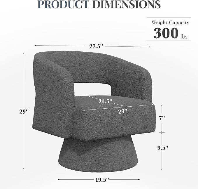 Luxanimarion Swivel Barrel Accent Chair,Oversized Teddy Upholstered Round Swivel Chair,Modern Luxury 360 Degree Living Room Vanity Chair for Bedroom Office,Gray,1PCS