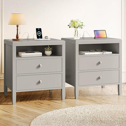 Huuger Grey Nightstand Set of 2, Night Stand with Charger Station, Bedside Table with 2 Drawers, Bed Side Tables for Bedroom, Modern Nightstands, Metal Knobs, Painted Surface