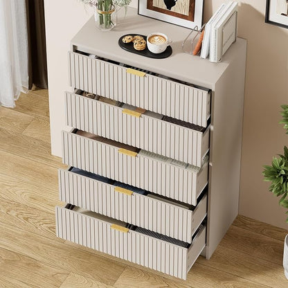 Furniway Beige Dresser for Bedroom, Modern Dresser with 5 Drawers and Smooth Slides, Wide Chest of Drawers with Golden Handles for Bedroom, Living Room, Closet, 15.7" D x 31.5" W x 47.2" H