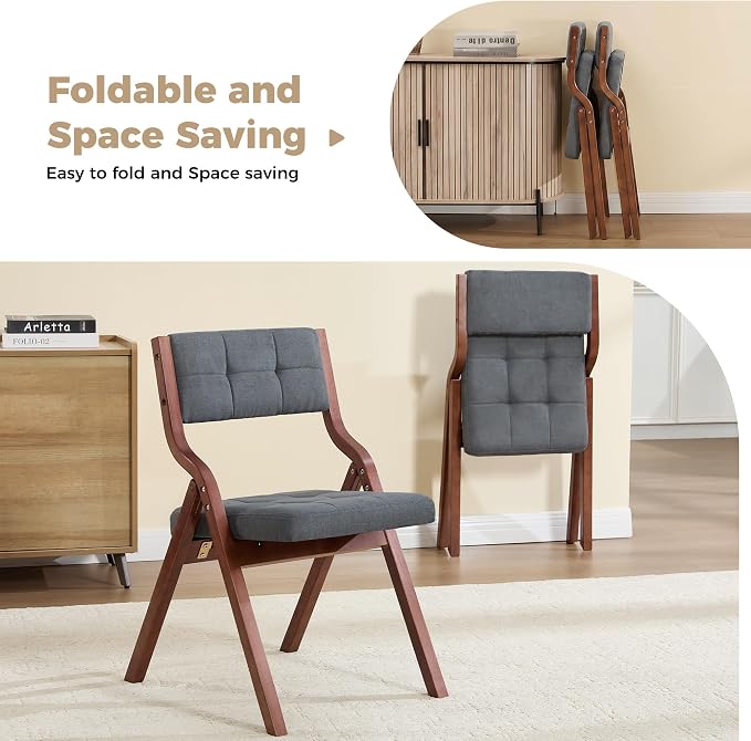 Folding Chairs with Cushion Set of 4,Padded Foldable Dining Chairs,Portable Wooden Folding Dining Chairs for Dining Room Kitchen Wedding Party Indoor Linen Walnut Darkgrey