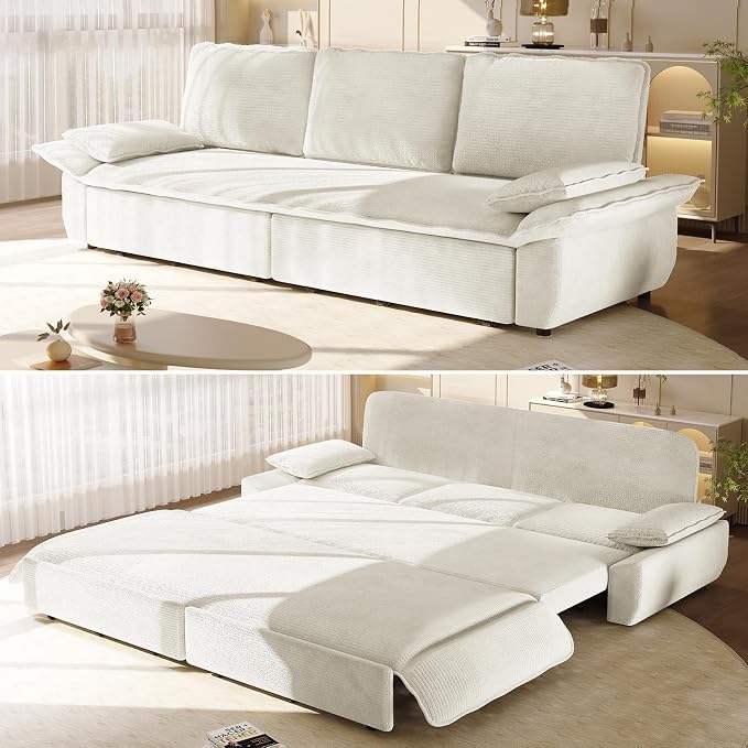 94.5'' Sleeper Sofa Bed King Size, Modern Corduroy Pull Out Couch, 3-in-1 Convertible Futon Sofa, 3 Seater Couches, Cloud Recliner, Pillow Arm, for Living Room, Apartment, Offices, Beige