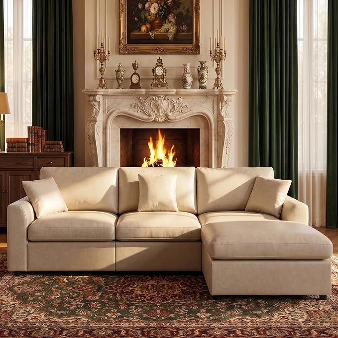 100" Faux Leather Modular Sectional Sofa for Living Room, Oversized 3 Seater L Shaped Cloud Couch with Ottoman, Extra Large Deep Seat, Pet-Friendly, Easy to Clean, Beige