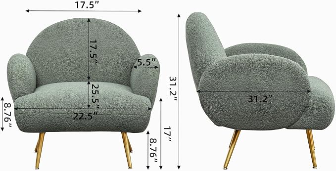 Accent Chair Green with Golden Metal Legs,Reading Chair for Bedroom Comfy, Boucle Sherpa Chair for Living Room, Bedroom