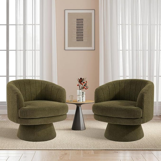 CANMOV Swivel Accent Chair with Armrest Set of 2, Modern 360 Degree Swivel Barrel Chair with Curve Back and Soft Cushion,Comfy Round Sherpa Teddy Armchair Single Sofa for Living Room, Green