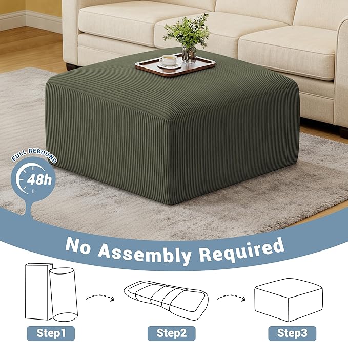 40" Oversized Large Square Corduroy Ottoman Pouf - Poofy Plush Foot Rest with Foam Chunk Filling, Movable Floor Pouf Footstool & Ottoman Coffee Table for Living Room Couch Bedroom, Green(2 Pieces)