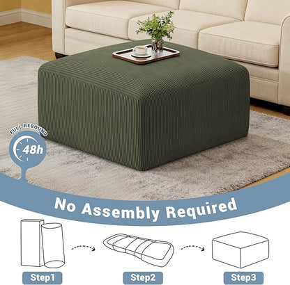 40" Oversized Large Square Corduroy Ottoman Pouf - Poofy Plush Foot Rest with Foam Chunk Filling, Movable Floor Pouf Footstool & Ottoman Coffee Table for Living Room Couch Bedroom, Green(2 Pieces)