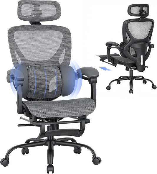 MALOL Ergonomic Mesh Office Chair with Footrest, Executive High Back Computer Desk Chair with 3D Adjustable Headrest & 5-Level Lumbar Support, Reclining Tilt Lock, 3D Arms, 300LBS Capacity, Grey