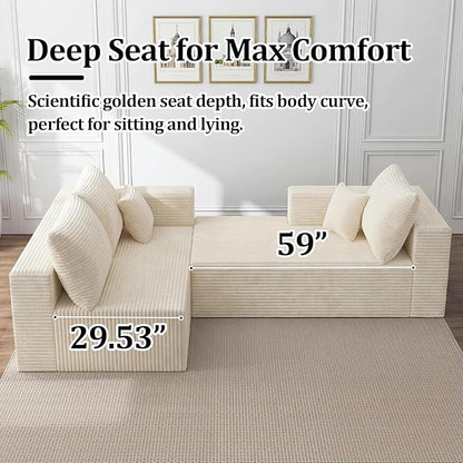 138" Modular Sectional Sofa, Modern U-Shaped Cloud Couch, Soft Corduroy Boneless Couch with 3060 High Rebound Memory Foam, Sectional Couches for Living Room - Beige (Right Facing Chaise)