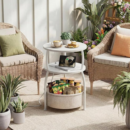 Round Side Table with Charging Station, USB Type C Port, White | Small Table with Storage Basket,Tall Side Table for Sofa,Small Spaces, Nightstand for Living Room Bedroom, 15.75in
