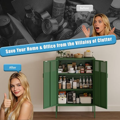 47''H Green Metal Storage Cabinet with 2 Adjustable Shelves, 2 Door Accent Cabinet, 3-Tier Metal Locker with Vent Hole, TV Stand for Entryway, Home Office, Music Studio, Home Office