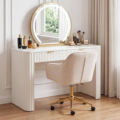 Zesthouse Vanity Chair with Wheels for Girl Women, Swivel Office Desk Chair | Beige Chenille Rolling Office Chair with Arms & Gold Base, Upholstered Fabric Desk Chair for Bedroom, Height Adjustable Chair