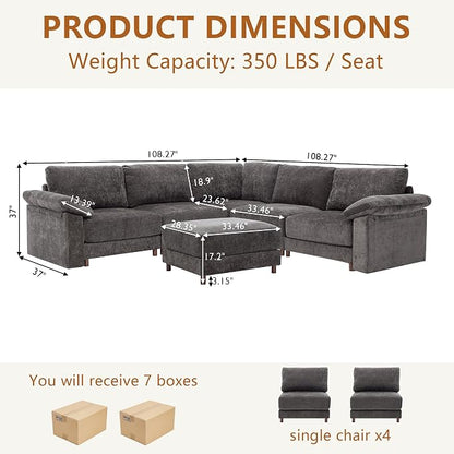 Oversized L Shaped Sectional Couch for Living Room, Extra Large Deep Seat Modular Sectional Sofa with Washable Covers, Modern Cloud Couch for Apartment, Bedroom (Gray, Corner V Shape 6 Seat)