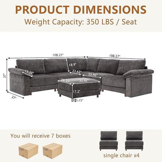 Oversized L Shaped Sectional Couch for Living Room, Extra Large Deep Seat Modular Sectional Sofa with Washable Covers, Modern Cloud Couch for Apartment, Bedroom (Gray, Corner V Shape 6 Seat)