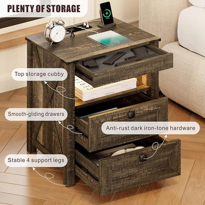 TAGELIER Farmhouse Nightstand with Gun Drawer, Bedside Table with Charging Station, Gun Night Stand with LED Light & Human Sensor, Smart End Table for Bedroom, Rustic Brown