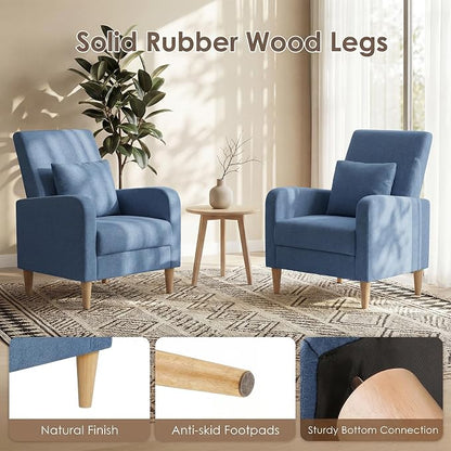 COLAMY Mid-Century Modern Upholstered Accent Chair with Back Pillow & Solid Wood Legs, Fabric Cozy Armchair for Living Room, Bedroom, Reading Nook, Apartment & Small Spaces, Blue